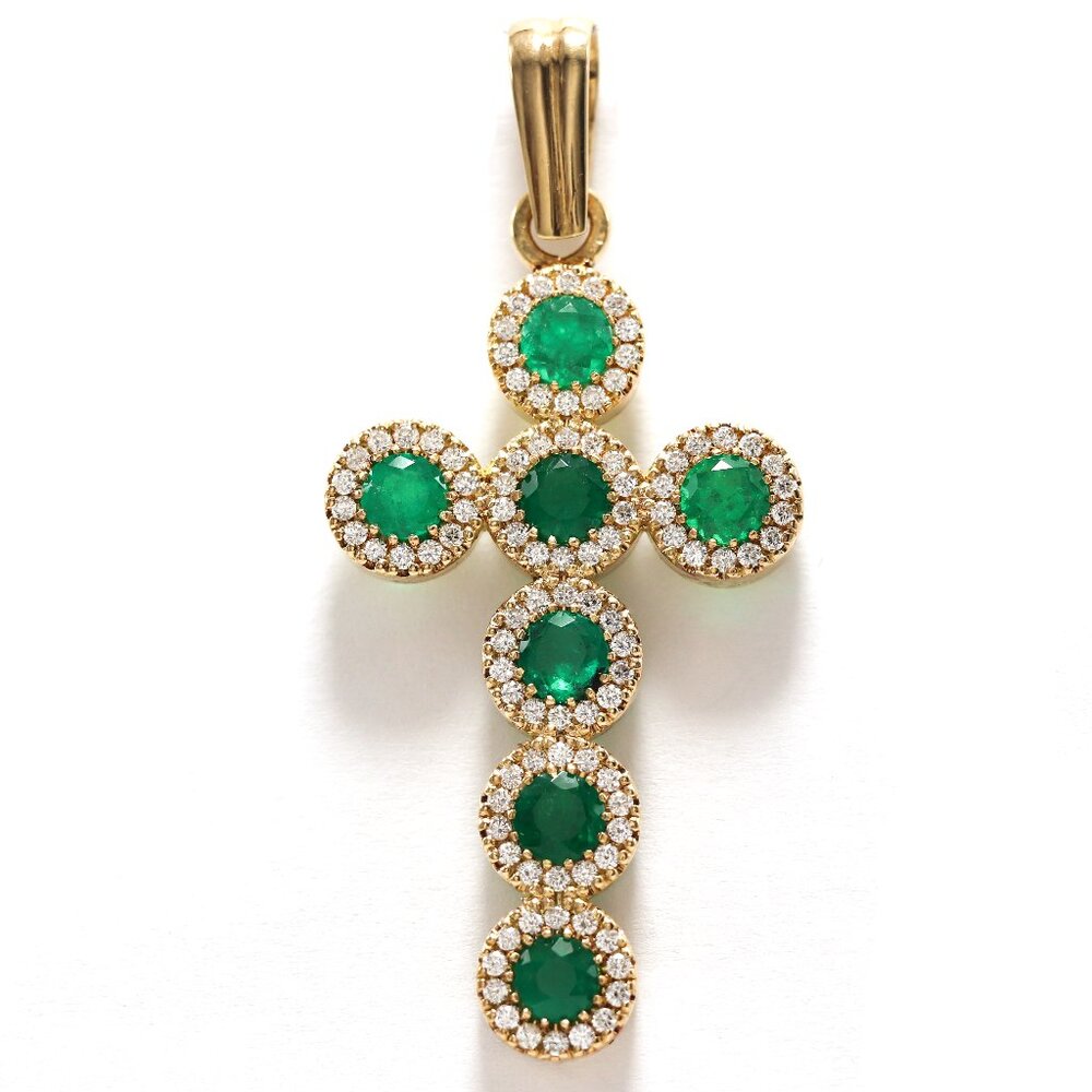 Cross Pendant UNISEX 18k Yellow Gold 7 Natural Emeralds and 98 Naturald Diamonds